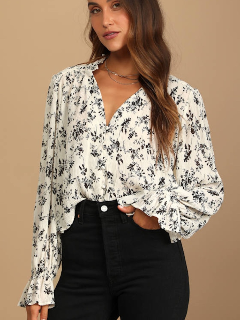 Lulus Keep Things Classy Beige Floral Print Button-up Long Sleeve Top - Size M